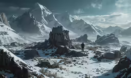a man stands on the top of a snowy mountain