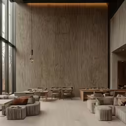 an empty restaurant with couches, tables and lamps