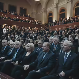 a group of people sit in chairs looking towards the front of the room