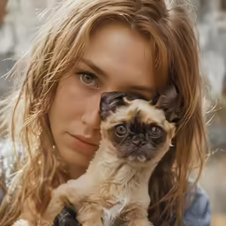 woman holding cat in front of face next to outdoor area