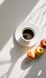 some apples and a cup of coffee on a table