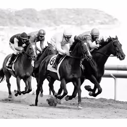 jockeys racing horses around the track near a lake