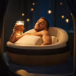 a man sitting in an inflatable tub holding a glass of beer