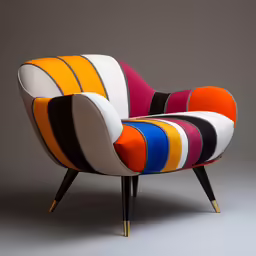 a colorful chair with a black base and yellow foot rest