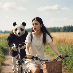 a woman rides her bike alongside the man who is riding an animal