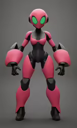 a pink robot stands on one leg in front of a dark background