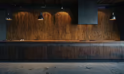 two lamps hang on a wooden bar in a dark room