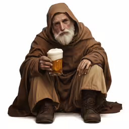 the old man is holding a cup of beer