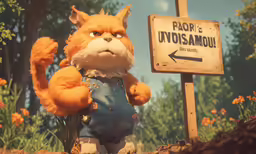 the angry cat stands in front of the sign