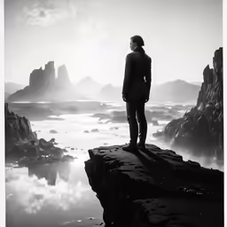 the man stands at the edge of the rock by the sea