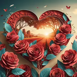 roses with blue leaves and butterflies around a heart shape