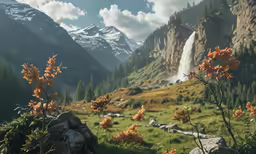 mountain scenery with lush vegetation, pine trees and waterfall