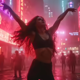 a girl dancing in the rain in a city at night