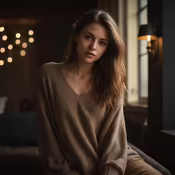 a young woman in tan clothes is sitting by the window