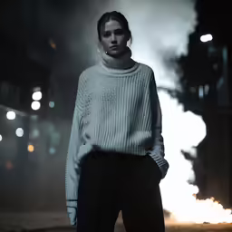 the model wears a grey sweater and black pants