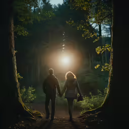 a man and woman holding hands in front of sunlight peeking through the trees