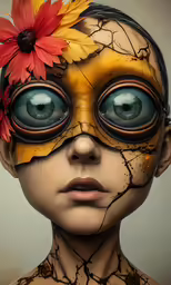 an artistic portrait of a child with a flower on her head
