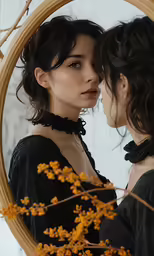 woman looking at herself in a mirror wearing a black top