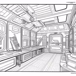 the interior of a spaceship or airplane with a kitchen area, tables, cabinets, and lots of windows,a drawing of the interior of a spaceship