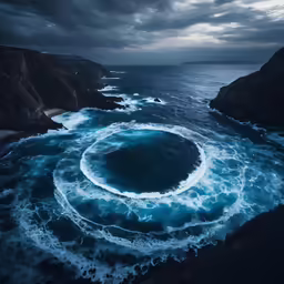 an ocean and a rock formation under a cloudy sky