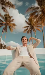 the man poses on a wall by the pool with palm trees