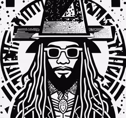 a man with long hair wearing sunglasses and a hat,a black and white illustration of the rasp reggae band rasp