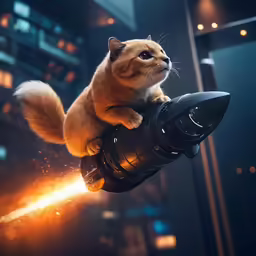 a cat is on top of a rocket with its tail up
