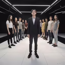 a man in a suit stands between a large group of people
