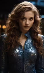 a close - up view of a woman in leather