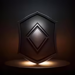 a black shield on a stand lit by a light