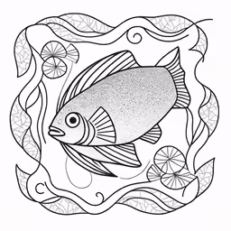 a black and white fish in the middle of some water