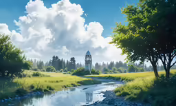 a painting of a river and a clock tower in the distance
