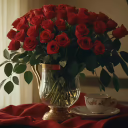 a vase full of roses sits on top of a table
