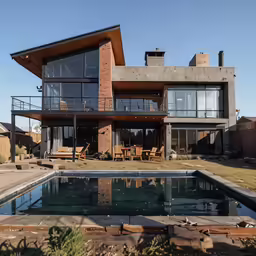 the rear of a modern house is reflected in the pool