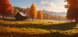 a cabin in a grassy field with mountains and trees behind it,this image shows the landscape with trees, grass and a cabin
