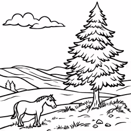 the horse is in the woods near the mountain