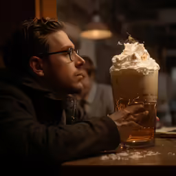 a man sitting at a table holding up a glass of coffee