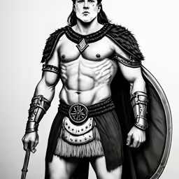 a penciled drawing of a roman warrior with a sword