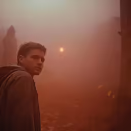a man with a hoodie on stands in the fog