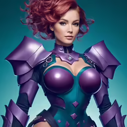 a woman in a purple outfit and purple hair