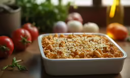 a baking pan filled with a lasagna and tomatoes