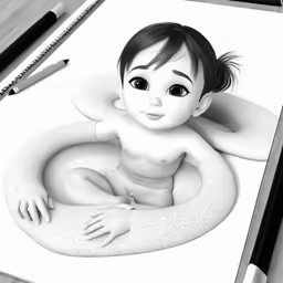 a drawing of a baby sitting on the pillow