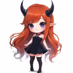 a red haired girl with horns is wearing a black dress
