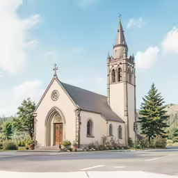 an older church sits in the middle of a country road