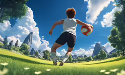 an animated painting of a man running with a frisbee