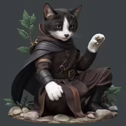 a cat sitting on top of rocks and wearing a costume