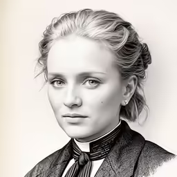 a black and white photo of a woman with blue eyes