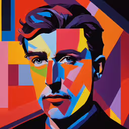 the portrait of a man with dark hair and a mustache,a man with blue eyes and mustache standing in front of a brightly colored background
