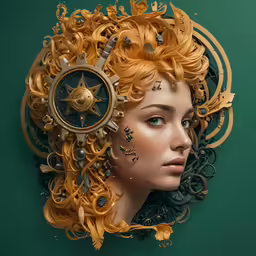 an image of a woman that has an ornate clock in her head
