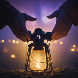 a person with a camera and lantern in their hands
